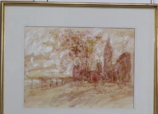 John Kimovic?, mixed media, 'Big Ben from The Embankment', indistinctly signed, 30 x 42cm